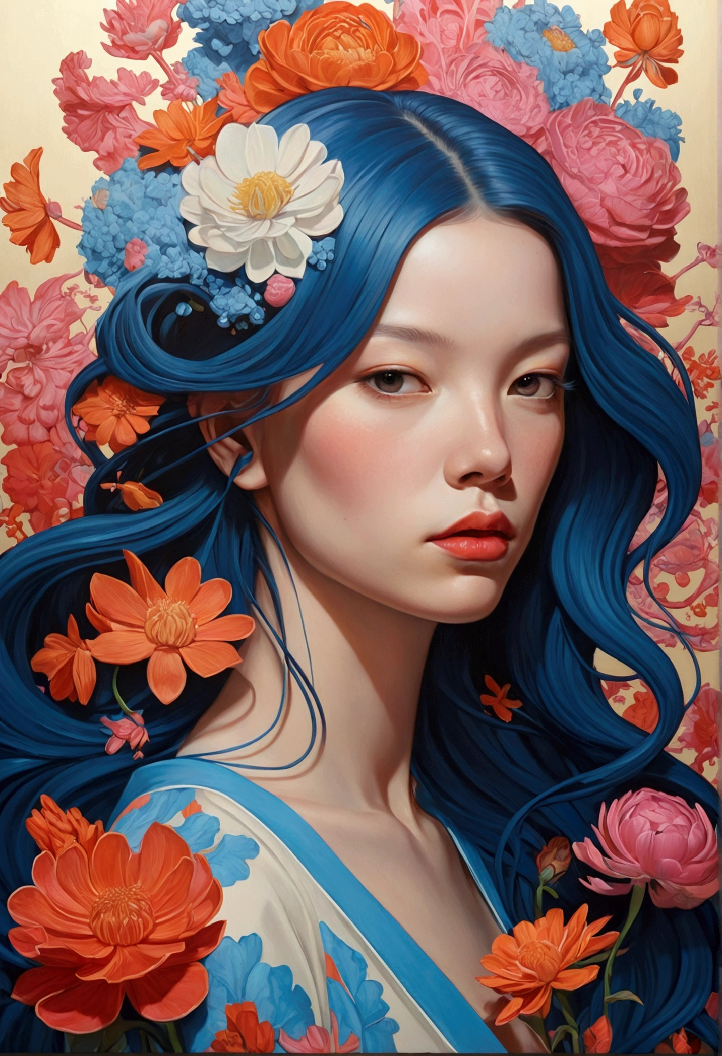 Painting of a woman with long hair and flowers, Ultra-fine detailed paintings inspired by James Jean, Reddit, neo-fauvism, James Jean and Petra Cortright, James Jean Mark, JamesJean」, James Jean Andrey Ryabovitchev, Kilian Eng: Vivid Colors, James Jean Soft Light 4K, Kilian Eng: Vivid Colors
