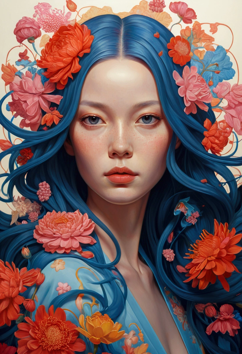 Painting of a woman with long hair and flowers, Ultra-fine detailed paintings inspired by James Jean, Reddit, neo-fauvism, James Jean and Petra Cortright, James Jean Mark, JamesJean」, James Jean Andrey Ryabovitchev, Kilian Eng: Vivid Colors, James Jean Soft Light 4K, Kilian Eng: Vivid Colors