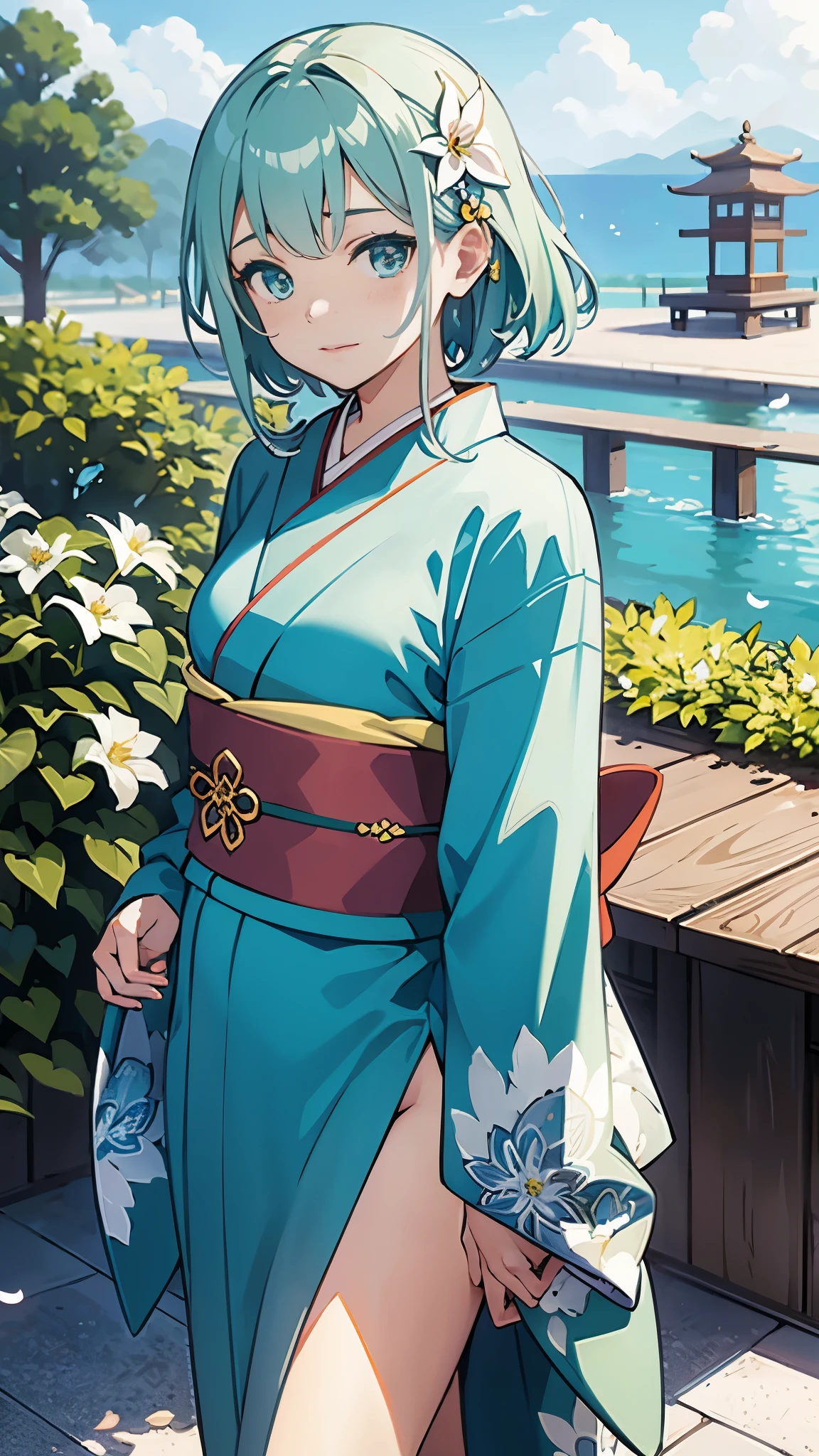 (NSFW), Exquisite Detail, Lone Figure, Observed from Above, (Delicate White Lily Flower), Elegantly Complex, Highest Quality, Meticulously Crafted Background, Sayaka Miki, ((Girl Clad in Patterned Teal Kimono: 1.2)), Gliding through a Zen Garden, Casual Pause, Detailed Texture, Flowing Lily Pattern, Hair Flower Accent, Ornate Hair Ornaments, Kimono Draped Over Shoulders, Kimono Belt Fluttering, Heart Symbol Embroidered, Outdoor Setting, Pagoda in the Distance, Petals Drifting, Teal Kimono with Wide Sle