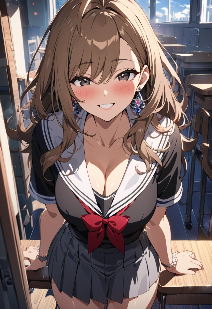 masterpiece, best quality, high quality, detailed, ultra detailed, hyper detailed, insanely detailed, exquisite, beautiful, FHD, Full-HD, 4K, 8K, highres, absurdres, woman, glad, blissful, smiling, standing, looking at viewer, long hair, ahoge, brown hair, black eyes, tall, beautiful ass, glamorous, school uniform, earrings, blush, in the classroom, in the evening, cel anime, headshot, eye closeup shot, golden ratio, leggy, gyaru