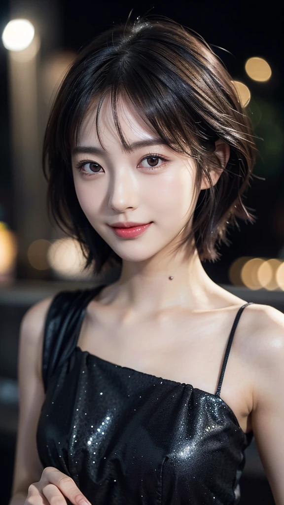 (Ultra photo realsisim), (Illustration), (High resolution), (8K), (Very detailed), (Best Illustration), (Beautiful detailed eyes), (Best Quality), (ultra-detailliert), (masutepiece), (wall-paper), (Detailed face),full of sweat, waist up ,brunette color hair,cleavage,Solo,Cosplay, japanes, huge tit, Smile, beach at night, tiny bikini