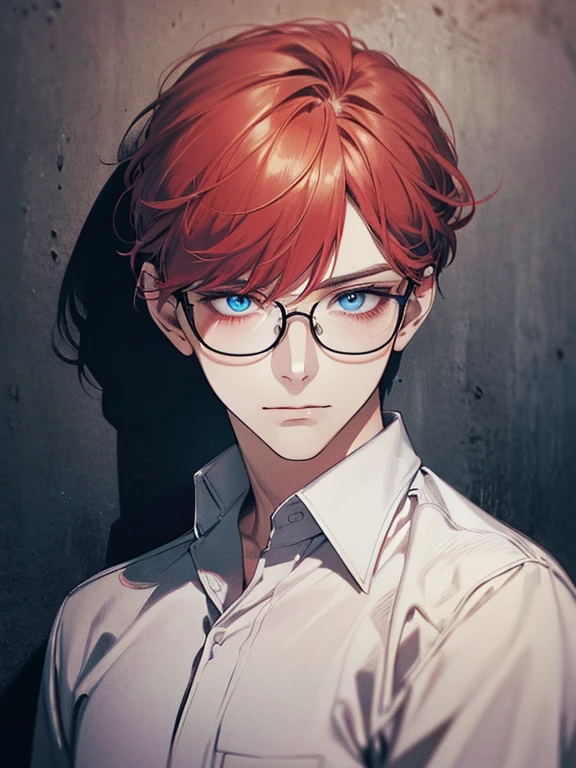 masterpiece, best quality, 1male mature, 32 years, gray red hair, blue eyes, glasses, white shirt, mugshot, wall background, detailed eyes, detailed facial features, realistic and high resolution (best quality, 4k, 8k, highres, masterpiece:1.2)