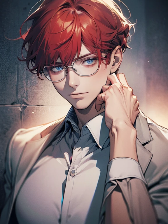 masterpiece, best quality, 1male mature, 32 years, gray red hair, blue eyes, glasses, white shirt, mugshot, wall background, detailed eyes, detailed facial features, realistic and high resolution (best quality, 4k, 8k, highres, masterpiece:1.2)