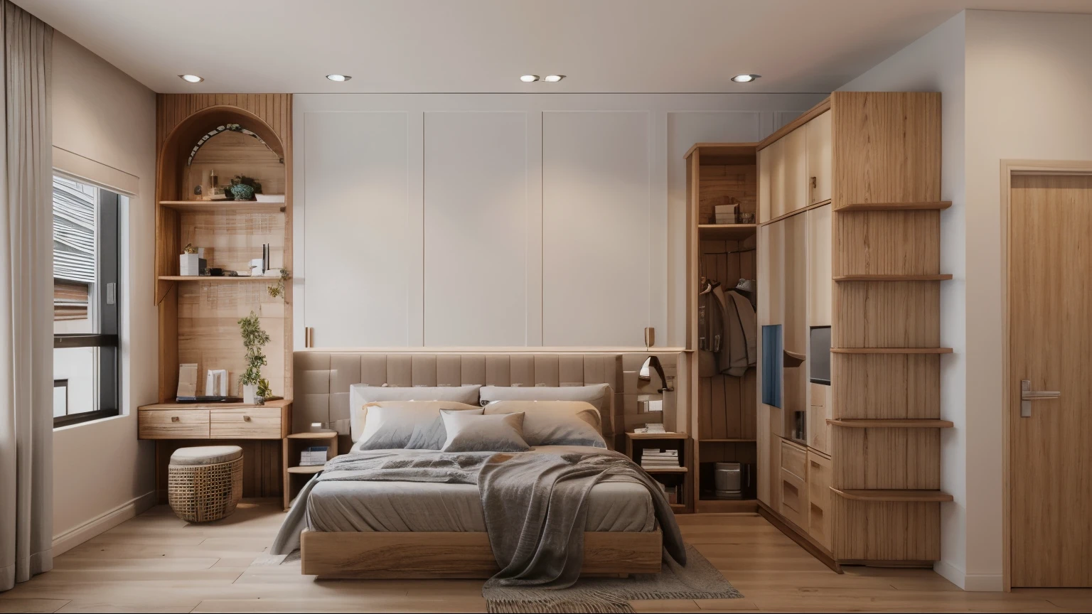 Bedroom, (nordic style:1.2), {wooden floor|white panels wall|spotlight|rug|window|curtain light|warm light|neutral color|bright sunlight|midday}, {Best Quality|Masterpiece|best illustration|Photorealism archdaily|award winning design|photorealistic|extreme detail|Stunning|photographic render|High-fidelity|vray render|Eye-catching|Sharp edge render| Sony A7R IV - 61 MP Exmor R CMOS full frame 35mm 61.0 Megapixel}, day, 8k uhd, dslr, soft lighting, high quality, film grain, Fujifilm XT3