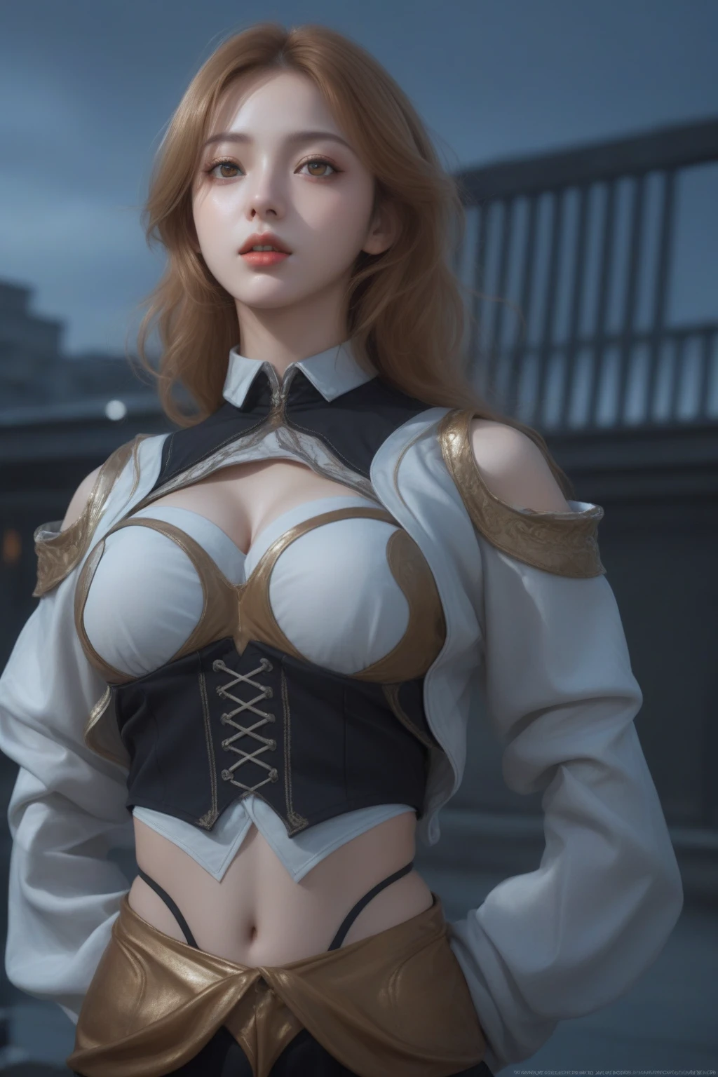 (hyperrealistic), (illustration), (high resolution), (8K), (extremely detailed), (best illustration), (beautiful detailed eyes), (best quality), (ultra-detailed), (masterpiece), (wallpaper), (photorealistic), (natural light), (rim lighting), (detailed face), (high detailed realistic skin texture), (anatomically correct), (solo), (1 girl), (high detailed realistic hair), (caramel hair:1.35), (heterochromic eyes), (detailed eyes), (light yellow eyes:1.37), (sparkling eyes), (realistic big breasts:1.5), (exposed nipples breasts:1.35), (long legs), (slender abs), (dynamic pose), (closed tiny mouth:1.3), (nsfw), (concentrated expression), (topless), (Italian woman, K-pop idol, J-pop idol)