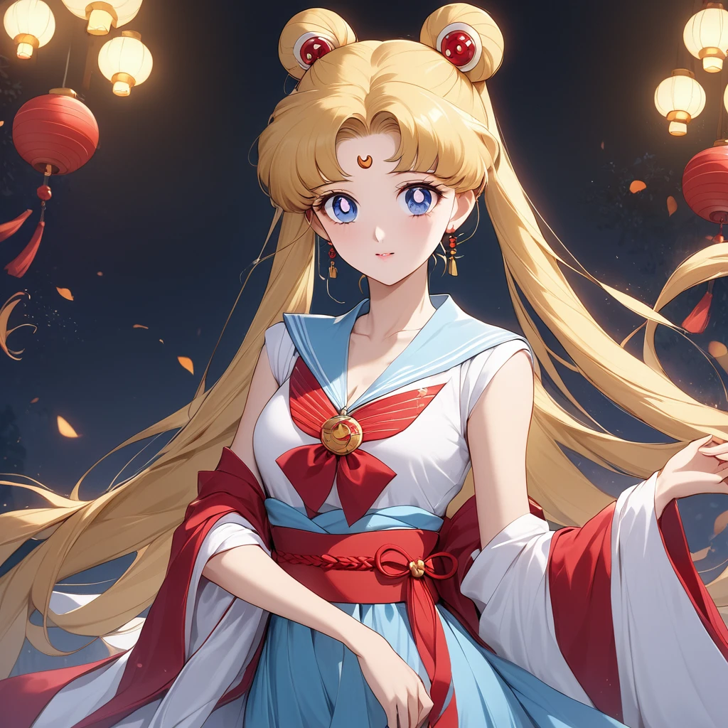 ((Highest quality)), ((masterpiece)), (detailed), （Perfect Face）、The woman is a Chinese Sailor China, a Chinese woman with blue eyes, long blonde hair in a twin-tailed chignon, a beautiful Chinese warrior, wearing a gorgeous Hanfu-like costume and accessories.、The woman is wearing a gorgeous and beautiful Chinese Hanfu-like outfit, reminiscent of a Communist Party member.、The woman became a Chinese woman, Sailor China, who is proud of China and loves it devotedly.
