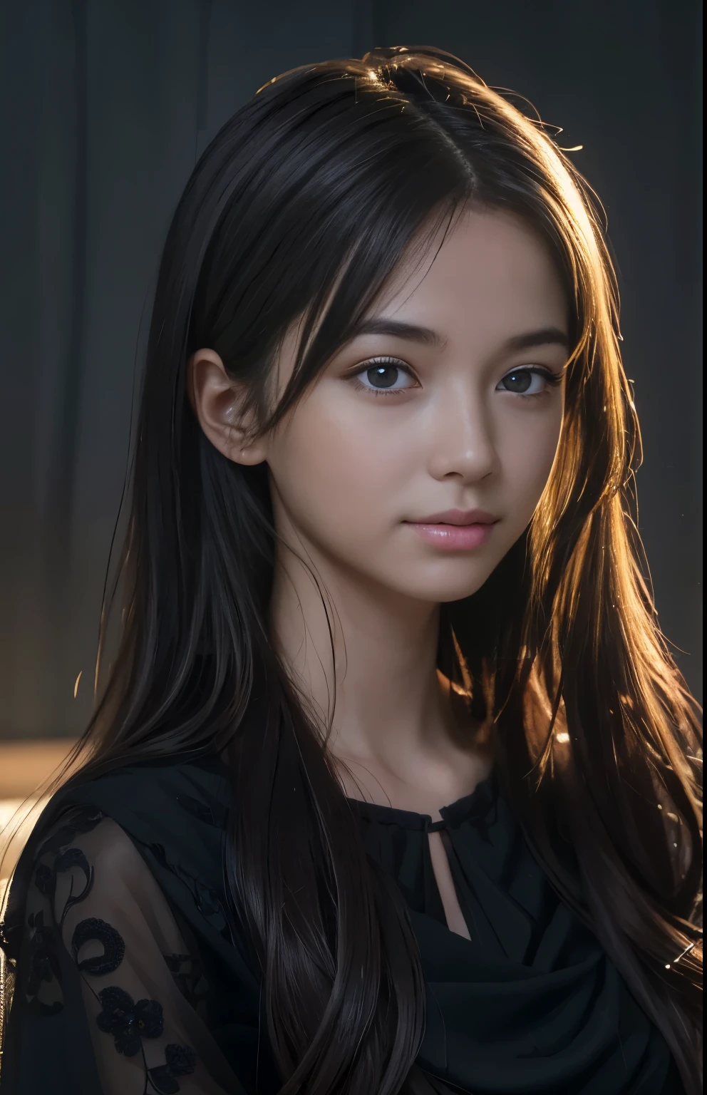 (extremely realistic), (illustration), (improved resolution), (8k), (very detailed), (Best illustration), (beautiful and delicate eyes), (best quality), (very detailed), (masterpiece ), ( wallpaper), (detailed face), alone, 1 girl, looking at viewer, fine details, detailed face, in the dark, deep shadows, low key, pure face_v1, smiling, long hair, black shawl straight hair , 46 point diagonal bangs