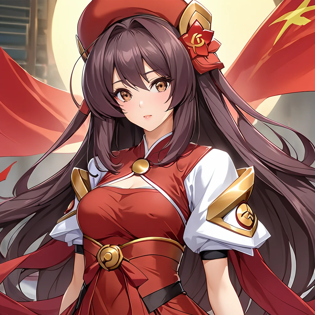 ((Highest quality)), ((masterpiece)), (detailed), （Perfect Face）、The woman is a Chinese woman with brown, medium-long hair from Extia China. She is a member of the glorious Chinese Communist Party and pledges absolute loyalty to the Chinese Communist Party. She is a righteous Chinese Communist Party member and a beautiful Chinese heroine who fights for the great Communist Party.、The woman is a beautiful Chinese heroine who is wearing a gorgeous Chinese-style Hanfu-like outfit and accessories, like a member of the Chinese Communist Party.、The woman became an Extia China, a Chinese who is proud of and loves China.