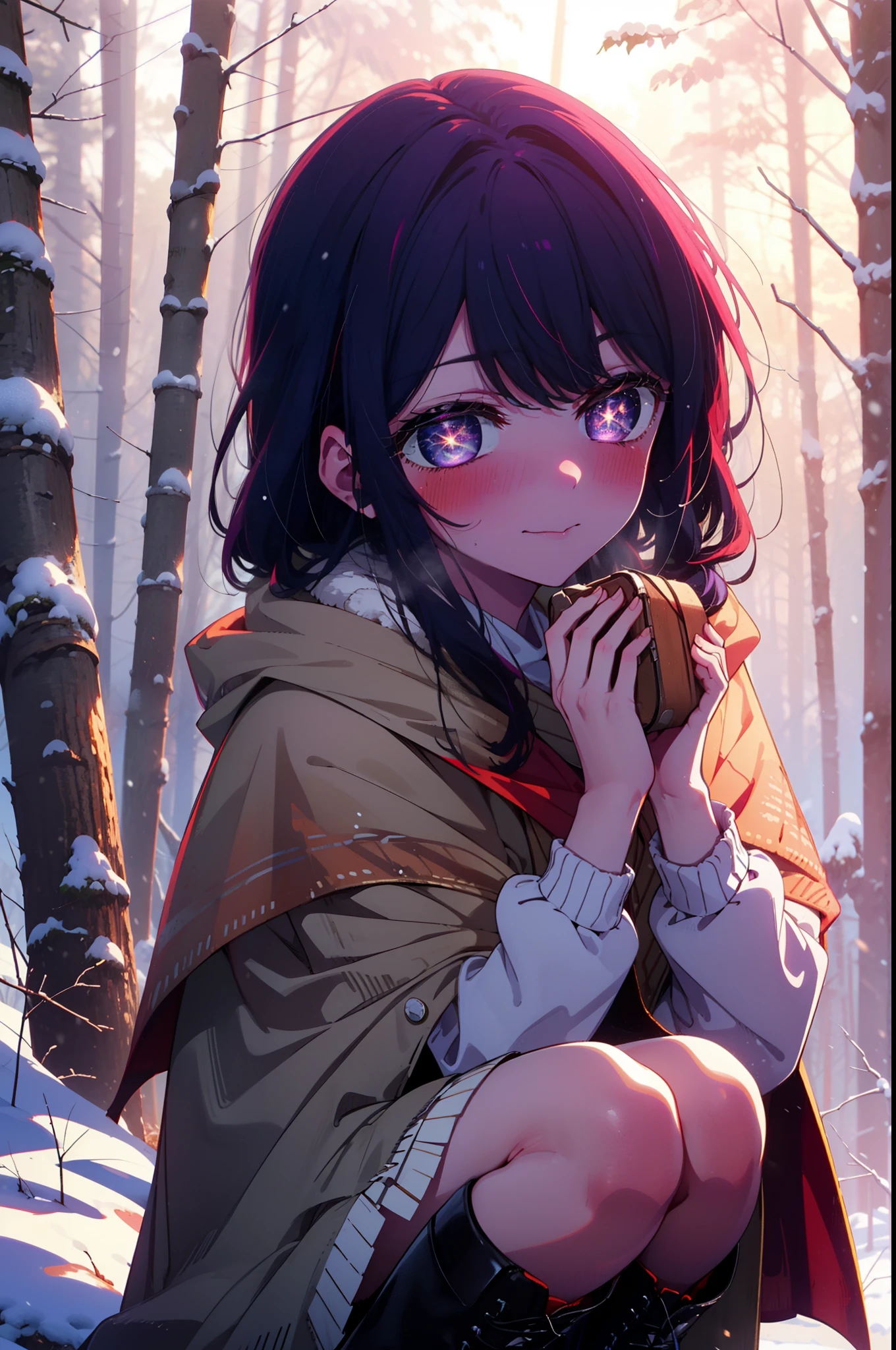 aihoshino, Ai Hoshino, Long Hair, bangs, (Purple eyes:1.1), Purple Hair, (Symbol-shaped pupil:1.5), smile,,smile,blush,white breath,
Open your mouth,snow,Ground bonfire, Outdoor, boots, snowing, From the side, wood, suitcase, Cape, Blurred, , forest, White handbag, nature, Squat, Mouth closed, Cape, winter, Written boundary depth, Black shoes, red Cape break looking at viewer, Upper Body, whole body, break Outdoor, forest, nature, break (masterpiece:1.2), Highest quality, High resolution, unity 8k wallpaper, (shape:0.8), (Beautiful and beautiful eyes:1.6), Highly detailed face, Perfect lighting, Highly detailed CG, (Perfect hands, Perfect Anatomy),