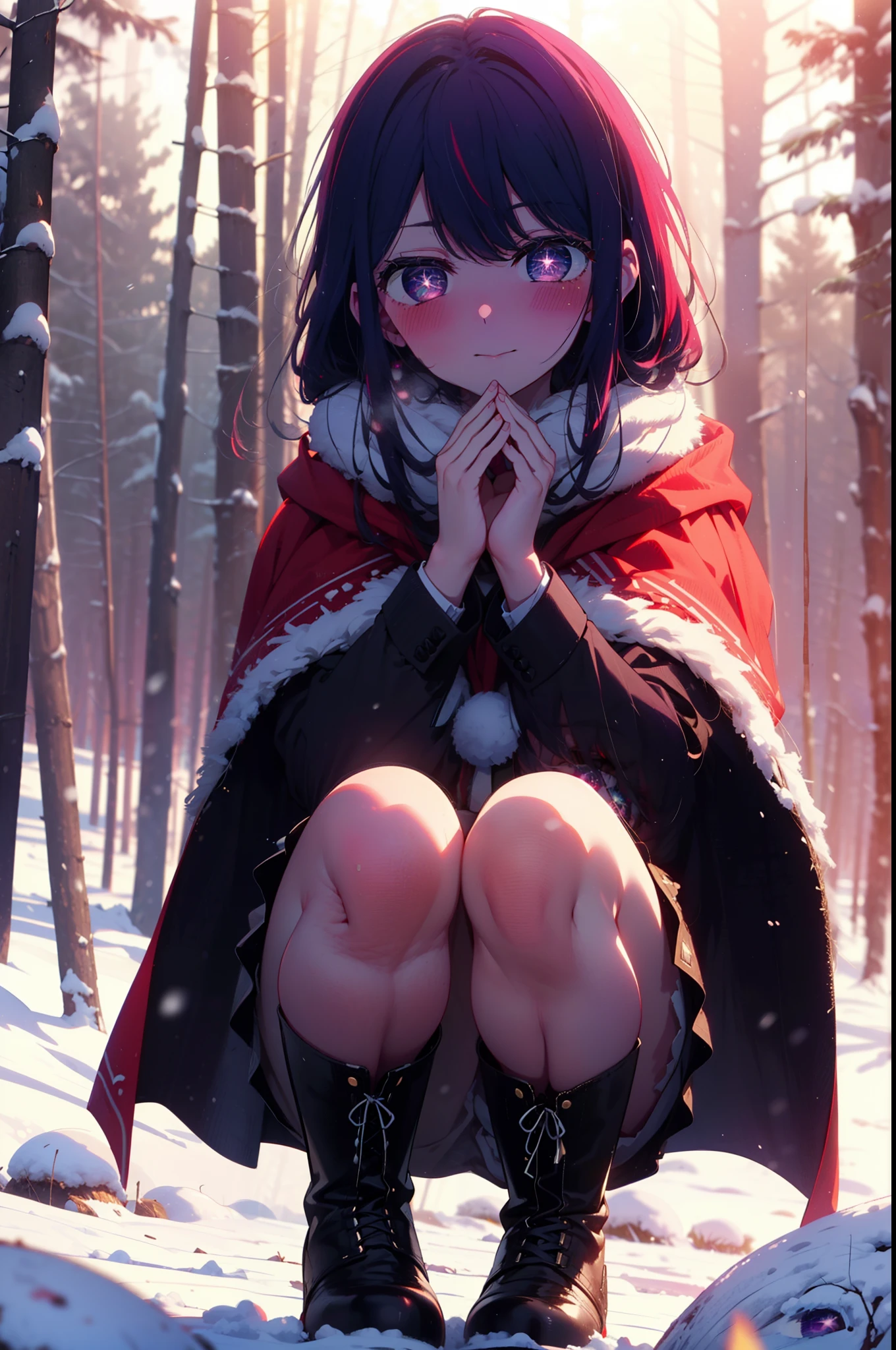 aihoshino, Ai Hoshino, Long Hair, bangs, (Purple eyes:1.1), Purple Hair, (Symbol-shaped pupil:1.5), smile,,smile,blush,white breath,
Open your mouth,snow,Ground bonfire, Outdoor, boots, snowing, From the side, wood, suitcase, Cape, Blurred, , forest, White handbag, nature,  Squat, Mouth closed, Cape, winter, Written boundary depth, Black shoes, red Cape break looking at viewer, Upper Body, whole body, break Outdoor, forest, nature, break (masterpiece:1.2), Highest quality, High resolution, unity 8k wallpaper, (shape:0.8), (Beautiful and beautiful eyes:1.6), Highly detailed face, Perfect lighting, Highly detailed CG, (Perfect hands, Perfect Anatomy),