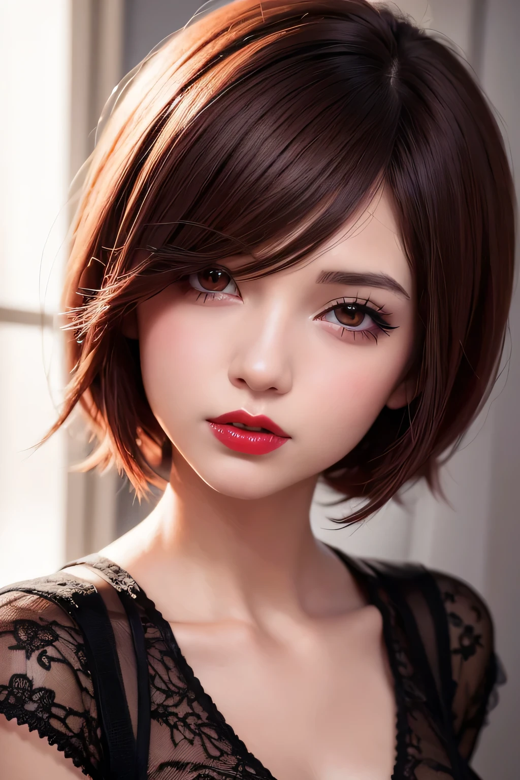 Short hair anime girl with red lips and red lips Stunning anime face portrait Detailed anime soft face Beautiful anime face Highly detailed face anime Realistic anime art style Anime style portrait Digital anime art Semi realistic anime style Anime realism style Face anime portrait