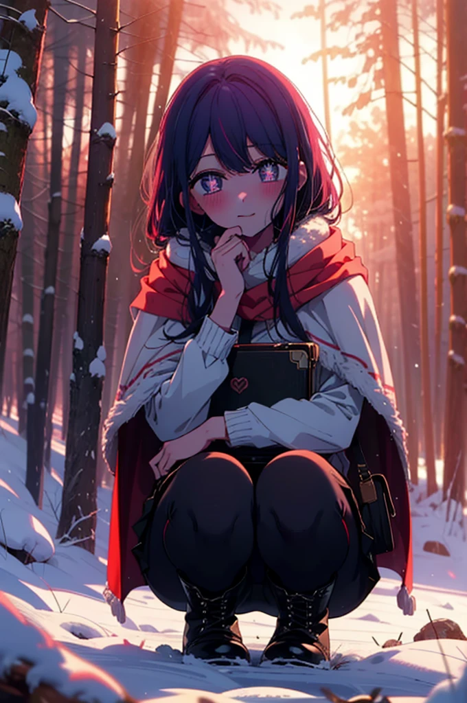 aihoshino, Ai Hoshino, Long Hair, bangs, (Purple eyes:1.1), Purple Hair, (Symbol-shaped pupil:1.5), smile,,smile,blush,white breath,
Open your mouth,snow,Ground bonfire, Outdoor, boots, snowing, From the side, wood, suitcase, Cape, Blurred, , forest, White handbag, nature,  Squat, Mouth closed, Cape, winter, Written boundary depth, Black shoes, red Cape break looking at viewer, Upper Body, whole body, break Outdoor, forest, nature, break (masterpiece:1.2), Highest quality, High resolution, unity 8k wallpaper, (shape:0.8), (Beautiful and beautiful eyes:1.6), Highly detailed face, Perfect lighting, Highly detailed CG, (Perfect hands, Perfect Anatomy),