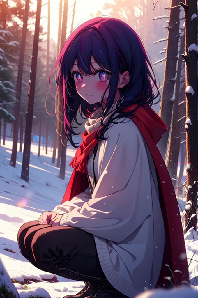 aihoshino, Ai Hoshino, Long Hair, bangs, (Purple eyes:1.1), Purple Hair, (Symbol-shaped pupil:1.5), smile,,smile,blush,white breath,
Open your mouth,snow,Ground bonfire, Outdoor, boots, snowing, From the side, wood, suitcase, Cape, Blurred, , forest, White handbag, nature, Squat, Mouth closed, Cape, winter, Written boundary depth, Black shoes, red Cape break looking at viewer, Upper Body, whole body, break Outdoor, forest, nature, break (masterpiece:1.2), Highest quality, High resolution, unity 8k wallpaper, (shape:0.8), (Beautiful and beautiful eyes:1.6), Highly detailed face, Perfect lighting, Highly detailed CG, (Perfect hands, Perfect Anatomy),