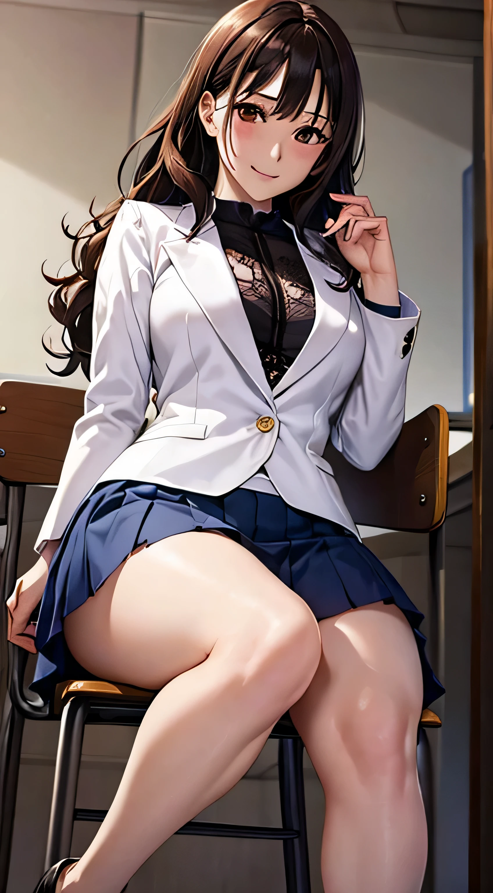 ((Tabletop, Highest quality, High resolution, , Pixel Perfect, 4K,))), 1 female teacher, single, alone, beauty、The whole body is visible、 ((Medium Wavy Hair, bangs, Brown Hair)), ((Brown eyes, Beautiful eyelashes, Realistic eyes)), ((Detailed face, blush:1.2)), ((Smooth texture:0.75, Realistic texture:0.65, Realistic:1.1, Anime CG style)), Center of chest, Dynamic Angle, Perfect body, (( , , Wearing a white coat、Female doctor、, 、))、、Very embarrassing panic smile, 、Black pleated flared skirt、classroom、Sit on a chair、Please lift up your skirt and show me your pants.、、(Showing off her white and pink floral lace panties、)、Angle from below)、