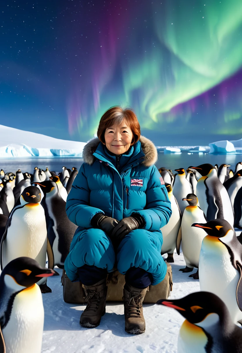 A 70-year-old Japanese woman from an Antarctic expedition team, sitting surrounded by a large group of penguins in Antarctica, (closed mouth), slightly smiling, chestnut hair, short hair, bangs, polar animals, night with a beautiful aurora in the sky, gloves, (realistic), looking down, full body, from front, masterpiece, high quality, high details, 8k