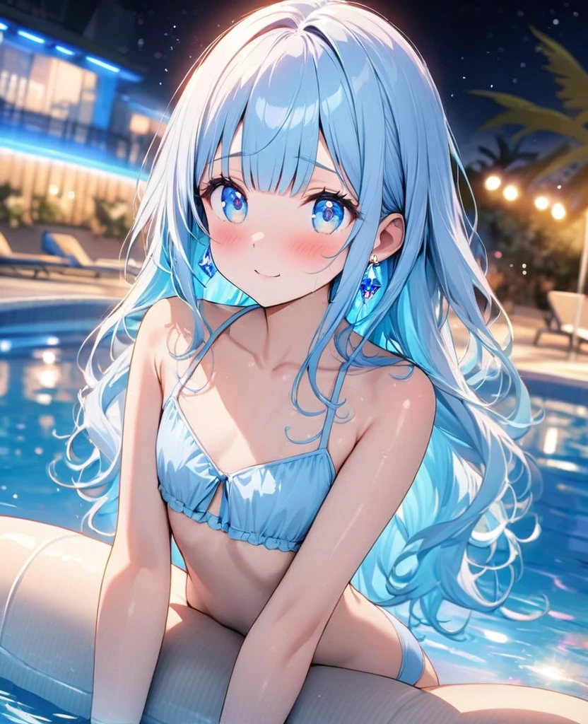 masterpiece, best quality, extremely detailed, (illustration, official art:1.1), 1 girl ,(((( light blue long hair)))), ,(((( light blue long hair)))),light blue hair, , long hair ((blush)) , cute face, big eyes, masterpiece, best quality,(((((a very delicate and beautiful girl))))),Amazing,beautiful detailed eyes,blunt bangs((((little delicate girl)))),tareme(true beautiful:1.2), sense of depth,dynamic angle,,,, affectionate smile, (true beautiful:1.2),,(tiny 1girl model:1.2),)(flat chest), 8K,gal，an extremely delicate and beautiful,Beautiful and realistic skin,Shiny jewel-like earrings,Shine like glitter long colorful hair,beautiful eyes,bikini,float ring,beautiful night pool,glitter background,(((shy))),Pool