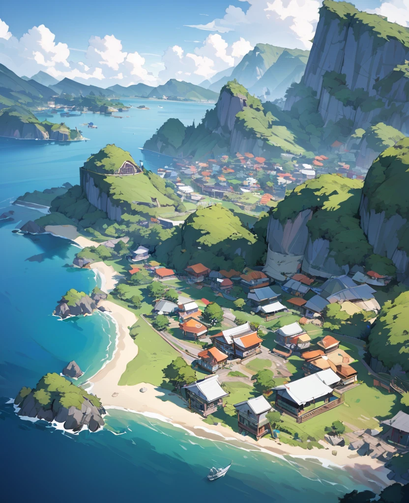 Village in rocky mountainous costal island