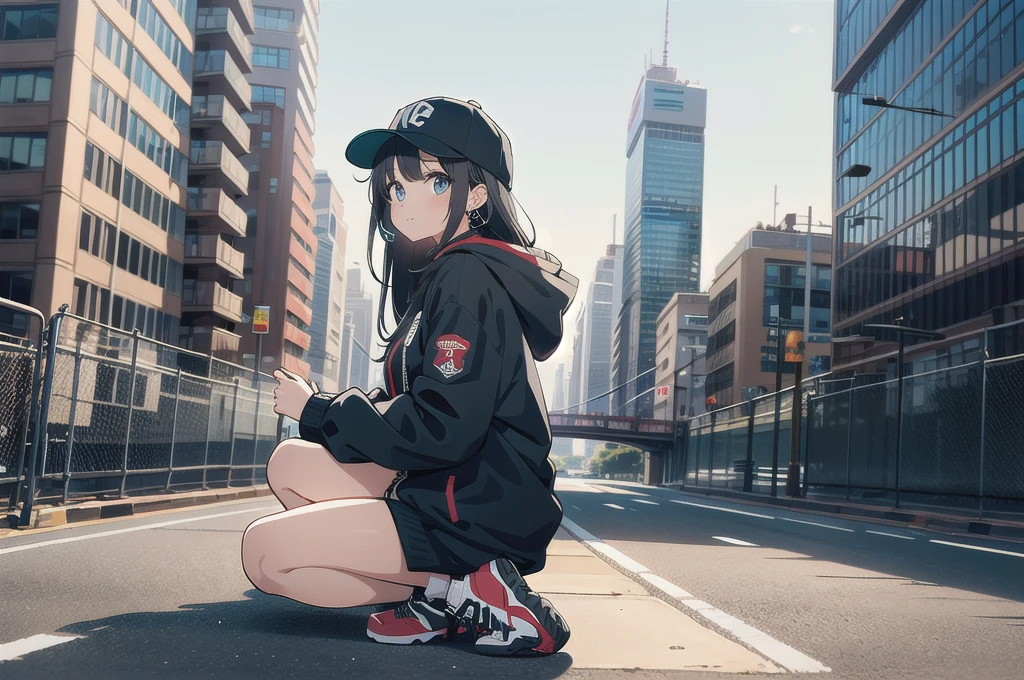 skyscraper, building, city, cityscape, hat, earrings, baseball_cap, 1girl, long_hair, jacket, chain-link_fence, hood, bridge, solo, architecture, shoes, sitting, city_lights, east_asian_architecture, looking_at_viewer, , neonpunkai