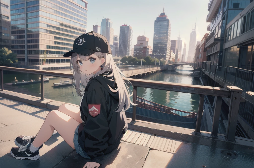 skyscraper, building, city, cityscape, hat, earrings, baseball_cap, 1girl, long_hair, jacket, chain-link_fence, hood, bridge, solo, architecture, shoes, sitting, city_lights, east_asian_architecture, looking_at_viewer, , neonpunkai