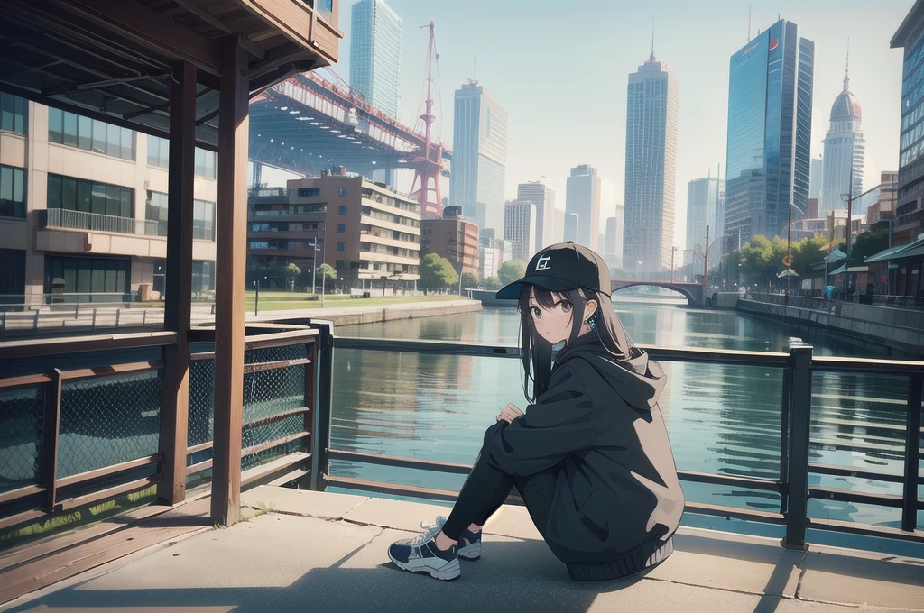 skyscraper, building, city, cityscape, hat, earrings, baseball_cap, 1girl, long_hair, jacket, chain-link_fence, hood, bridge, solo, architecture, shoes, sitting, city_lights, east_asian_architecture, looking_at_viewer, , neonpunkai