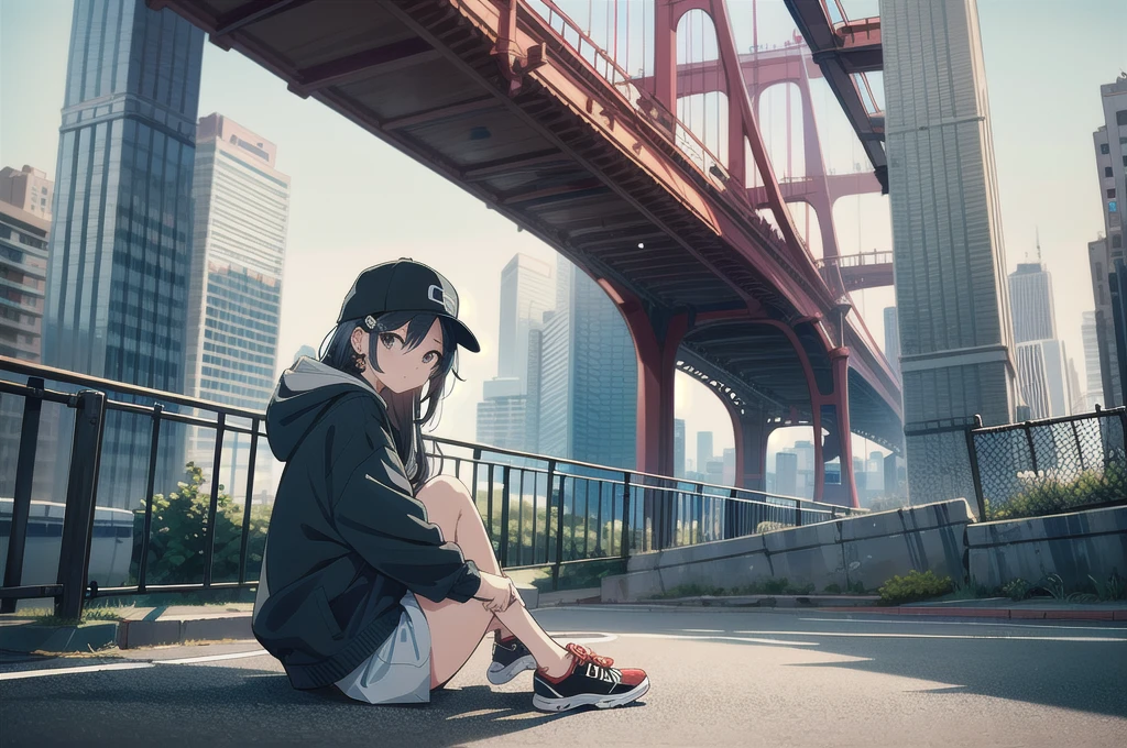 skyscraper, building, city, cityscape, hat, earrings, baseball_cap, 1girl, long_hair, jacket, chain-link_fence, hood, bridge, solo, architecture, shoes, sitting, city_lights, east_asian_architecture, looking_at_viewer, , neonpunkai