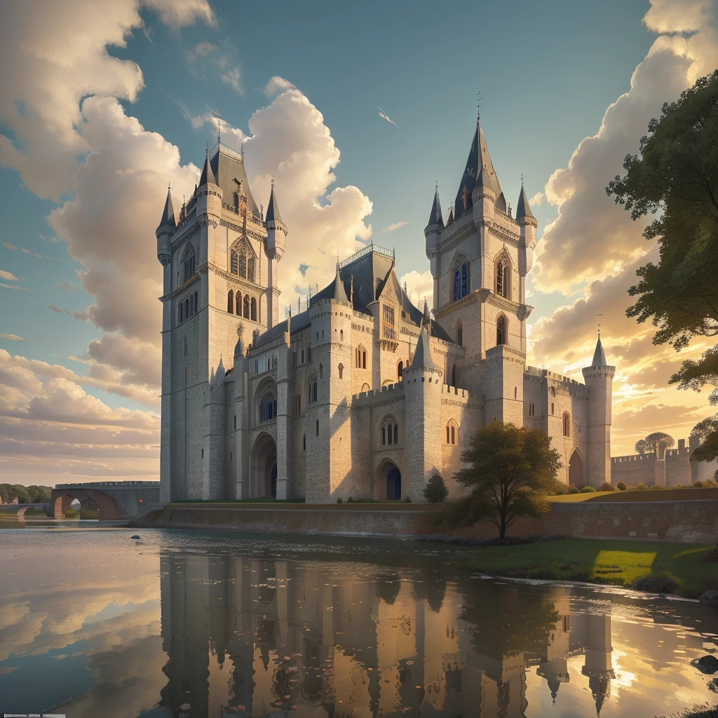 colossal and ornate concentric gothic castle, high medieval architecture,stained glass windows,towering stone walls,pristine moat,white marble bridge,flying buttresses,intricate architectural details,dramatic lighting,warm color palette,photorealistic,8k,ultra-detailed,masterpiece,award winning art