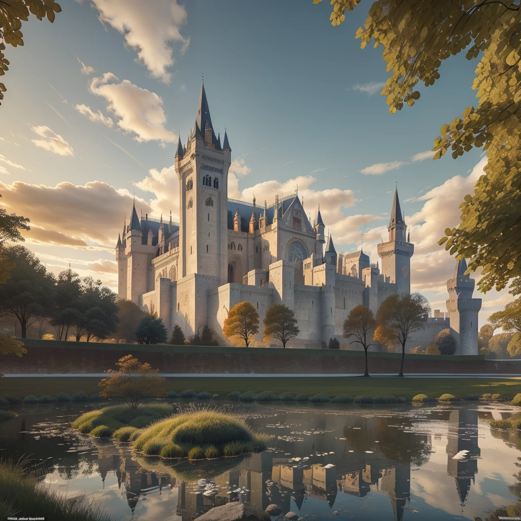 colossal and ornate concentric gothic castle, high medieval architecture,stained glass windows,towering stone walls,pristine moat,white marble bridge,flying buttresses,intricate architectural details,dramatic lighting,warm color palette,photorealistic,8k,ultra-detailed,masterpiece,award winning art