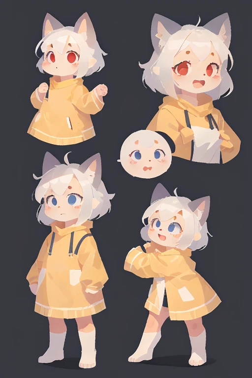 Five views，front，side cut，side，back，Official Art，Head to body ratio 1:4，2D character concept design，Full body portrait，Standing，Head-up，Place your hands at your sides，Standard shape，8 ，mother，Big elf ears on both sides of the head，The position of the ear on the cheekbone，Blue Nose，Triangular nose，Big nose，Triangular mouth，Shut up，White hair，Silver Hair，short hair，Two ponytails tied on both sides of the face，short hair，Red eyes，Crayon Shin-chan face shape，Winter melon face shape，Round face，The chin is round and large，圆Round chin，Round chin，脖子上有巨大Red bow，Large bow on the chest，Red bow，personal，personal体，Thin in size，Thin legs，Cat&#39;s Paw，Claw，Barefoot，Cat feet，Lolita costume，White background, (floating lights:1.2)，