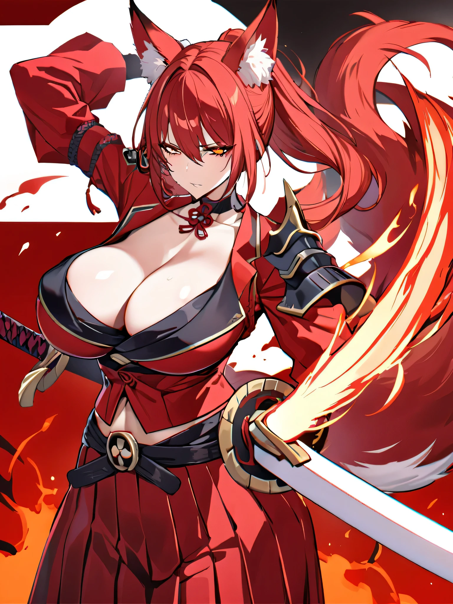 8K Best quality Best work Red long ponytail Red fox ears Nine fox tails Very large breasts Flaming Japanese sword Red jacket Long hakama Red eyeshadow on lower eyelids Red burning background Japanese style Samurai Burning hell