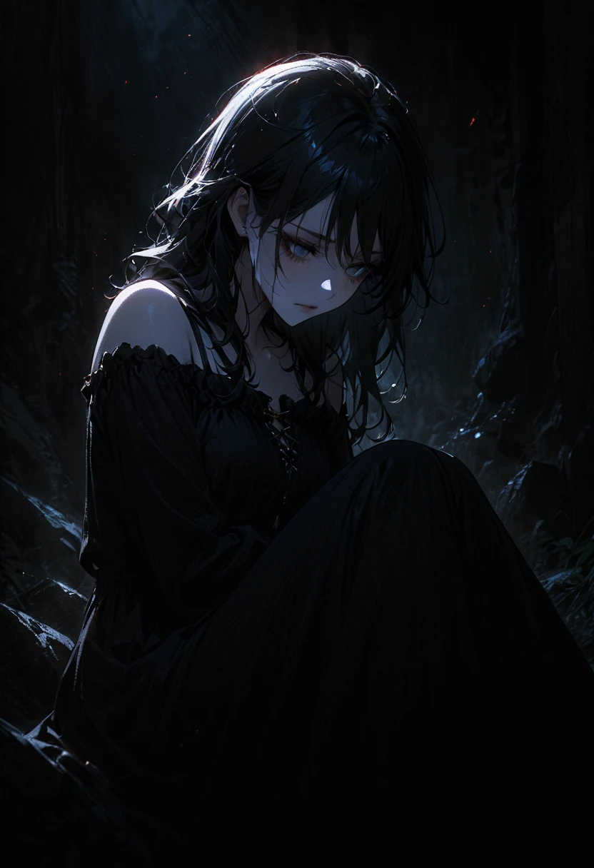 1porcelain doll, long black hair, detailed face, ((emotionless expression)), (souless), pale white skin, plain white eyes, long eyelashes, (gaze down), black eye liner, gray lipstick, black dress, moonlight, hard lighting, blue light, medieval theme, (dark fantasy theme), cold lighting, red lighting, dust, sitting in dark conner, (masterpiece:1.2), super detailed, best quality, DeepNegative_xl_v1