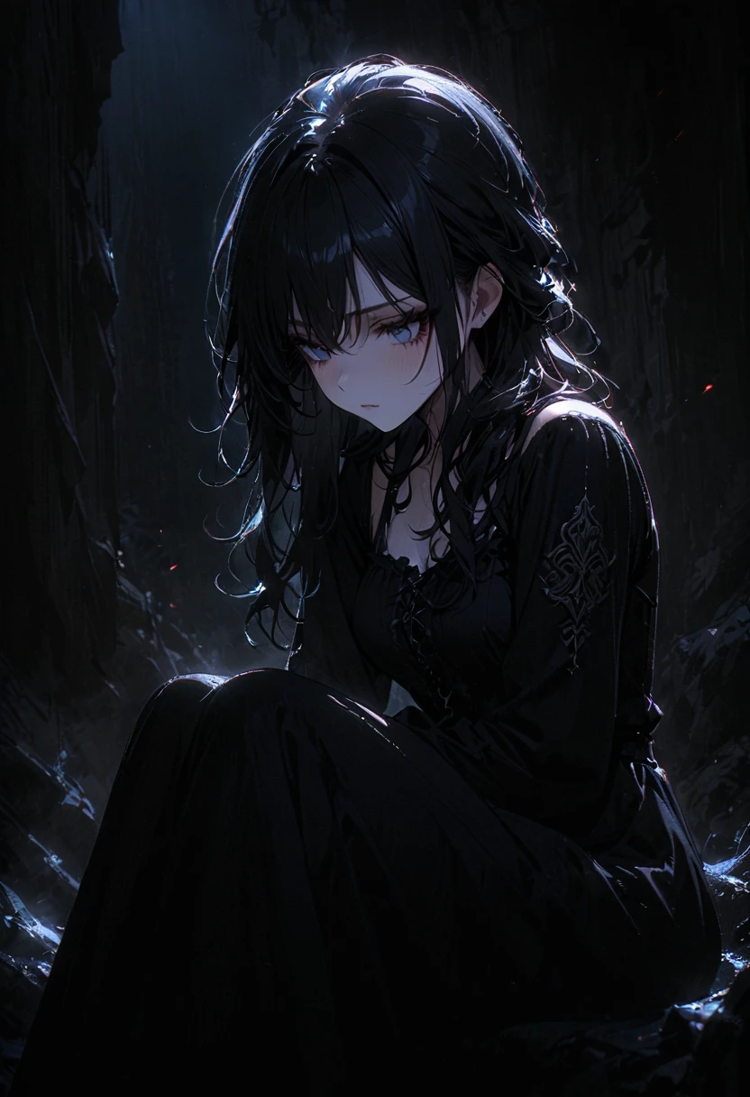 1porcelain doll, long black hair, detailed face, ((emotionless expression)), (souless), pale white skin, plain white eyes, long eyelashes, (gaze down), black eye liner, gray lipstick, black dress, moonlight, hard lighting, blue light, medieval theme, (dark fantasy theme), cold lighting, red lighting, dust, sitting in dark conner, (masterpiece:1.2), super detailed, best quality, DeepNegative_xl_v1
