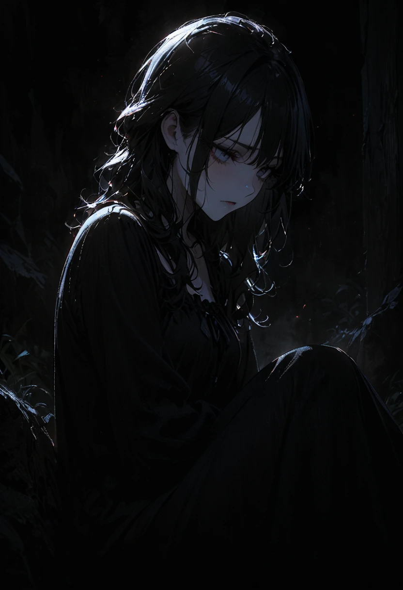1porcelain doll, long black hair, detailed face, ((emotionless expression)), (souless), pale white skin, plain white eyes, long eyelashes, (gaze down), black eye liner, gray lipstick, black dress, moonlight, hard lighting, blue light, medieval theme, (dark fantasy theme), cold lighting, red lighting, dust, sitting in dark conner, (masterpiece:1.2), super detailed, best quality, DeepNegative_xl_v1