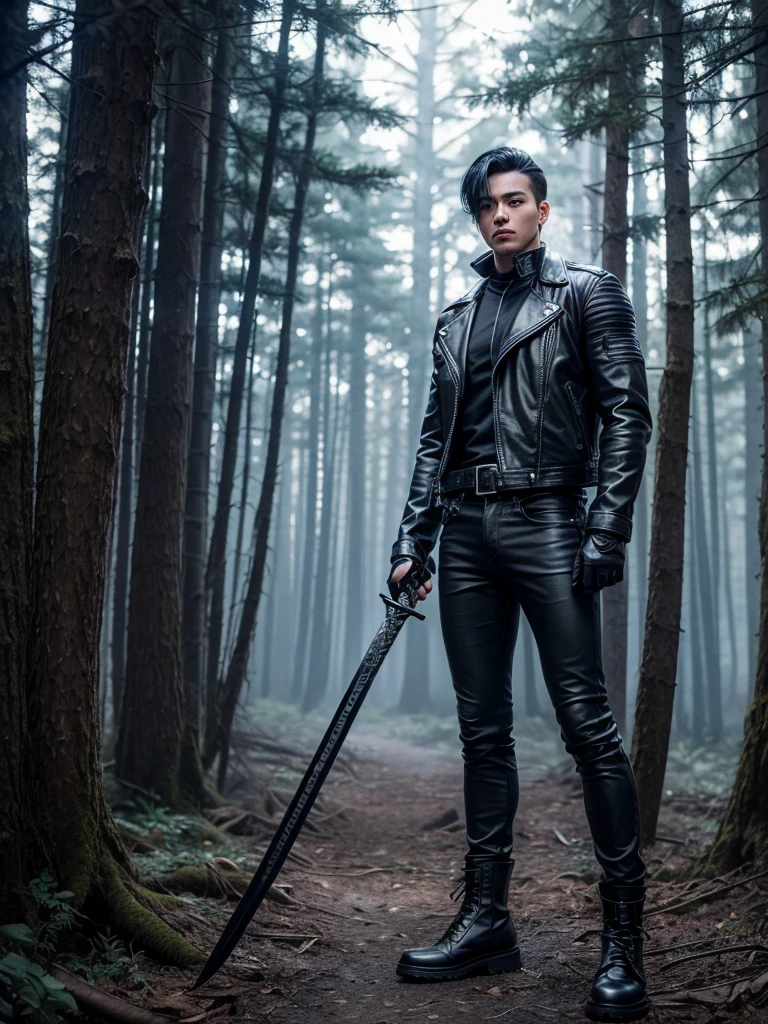 A muscular young man with black hair, wearing a black leather jacket, blue jeans, black motorcycle gloves, a black belt, and black combat boots, is standing in a forest. In his right hand, he holds a black sword engulfed in flames,Anime.