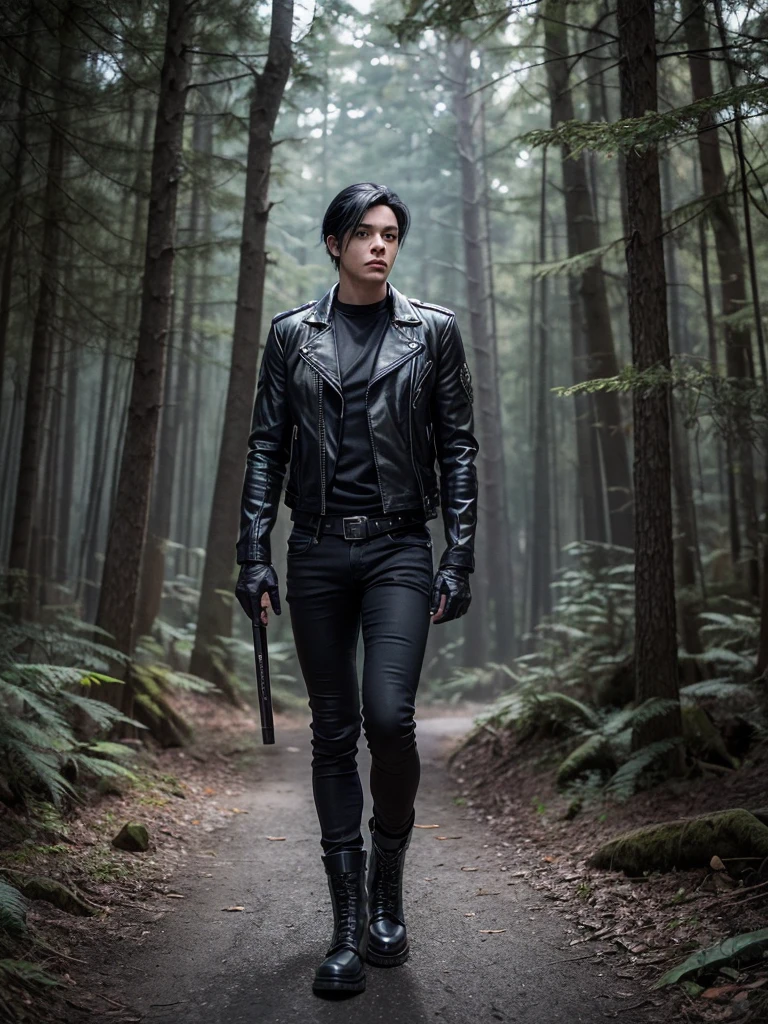 A muscular young man with black hair, wearing a black leather jacket, blue jeans, black motorcycle gloves, a black belt, and black combat boots, is standing in a forest. In his right hand, he holds a black sword engulfed in flames,Anime.