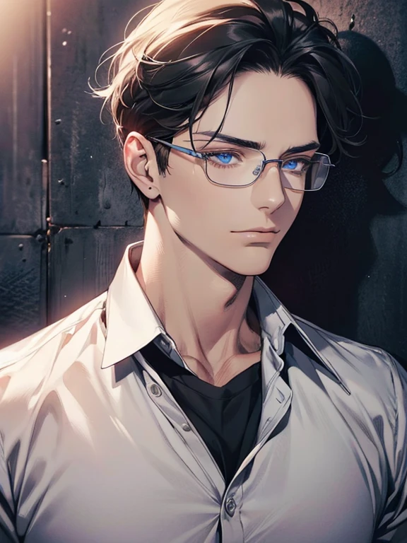 masterpiece, best quality, 1male mature, 32 years, gray black hair, blue eyes, glasses, white shirt, mugshot, wall background, detailed eyes, detailed facial features, realistic and high resolution (best quality, 4k, 8k, highres, masterpiece:1.2)