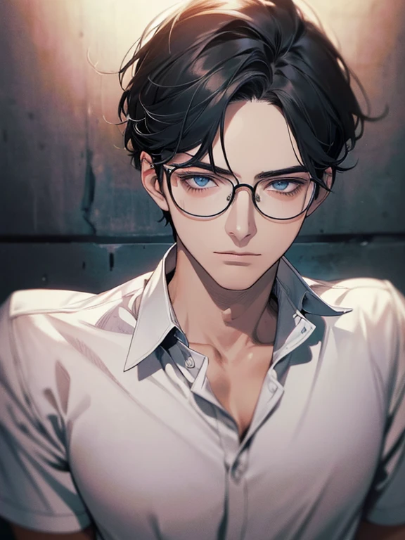 masterpiece, best quality, 1male mature, 32 years, gray black hair, blue eyes, glasses, white shirt, mugshot, wall background, detailed eyes, detailed facial features, realistic and high resolution (best quality, 4k, 8k, highres, masterpiece:1.2)