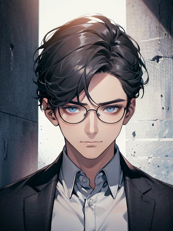 masterpiece, best quality, 1male mature, 32 years, gray black hair, blue eyes, glasses, white shirt, mugshot, wall background, detailed eyes, detailed facial features, realistic and high resolution (best quality, 4k, 8k, highres, masterpiece:1.2)