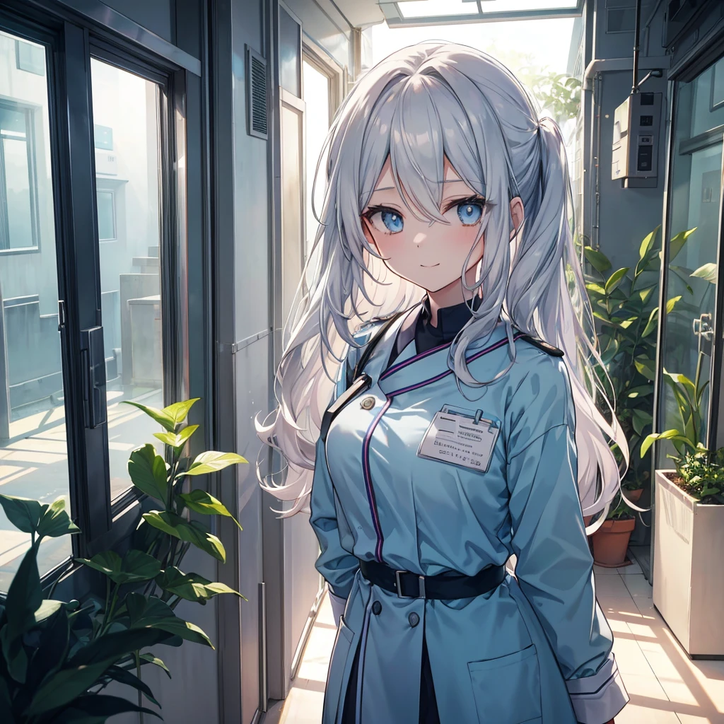 Please create an anime-style illustration of a young nurse aide. It should be a bust-up (from chest up) with high resolution and detailed depiction. She has wavy, semi-long silver hair. Her eyes are large, expressive, and blue, with a gentle yet serious expression. She is wearing light blue or white scrubs with a name tag. She is standing in a brightly lit hospital corridor, with plants and medical equipment in the background. The lighting is soft, casting gentle shadows to enhance the atmosphere. She is smiling.
