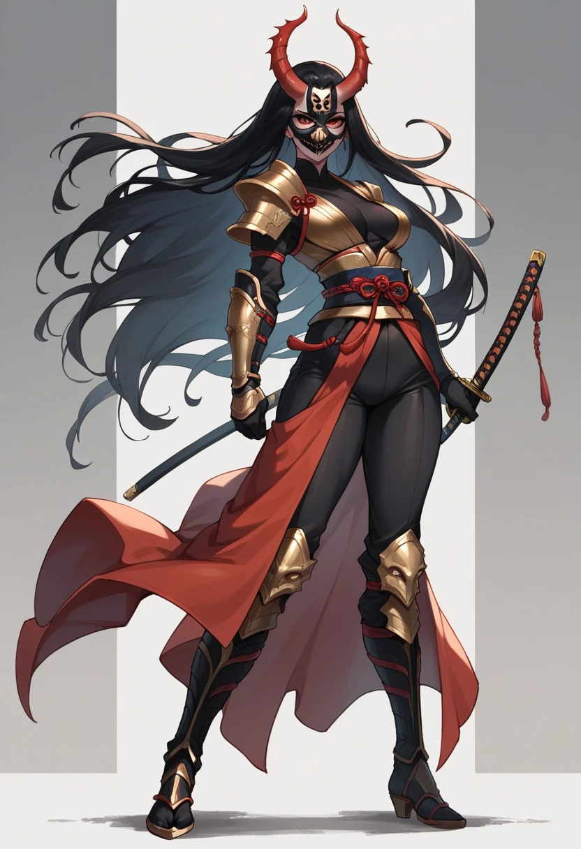 A female dark samurai, black demon mask, black and gold armor, black and red katana, long black hair, sexy, evil, full body view. No background. Masterpiece, UHD, detailed