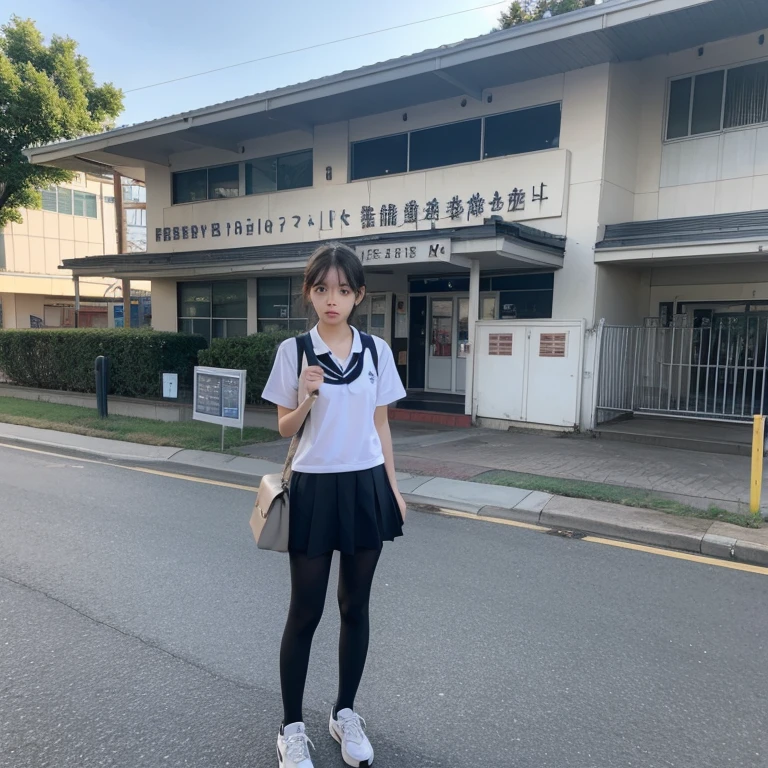 (16K, Raw photography, Top image quality, masterpiece: 1.45), (realisitic, Photorealsitic: 1.37), one girls, cute little, A city scape, profesional lighting, photon maping, school classrooms, physically-based renderingt, dark brown hair,pony tail hairstyle, Well-groomed and beautiful eyes、((double eyelid))、Transcendent Cute Girl, (((student clothes、short sleeve shirt worn by Japan high school girl、Ribbon Ties、Dark blue mini skirt,、Dark blue socks、Black loafers))), Top Quality Photos, hight resolution, 1080P, (clearface), (Detailed face description), (Detailed hand description), (masterpiece), (Exquisite CG)、extreme light and shadows、dishevled hair、master work、abundant detail、(Fine facial features)、(top quality photo)、(masuter piece)、(A detailed eye)、Look in front of you、Fine clavicle、(((Japan schoolgirls wear short-sleeved shirts)))、((Neat and clean idol))、((School Gate、school ground、School building in the background))、(Shooting from random perspectives)、(((Anyway cute)))、earrings、A big smile、Drawing the whole body from the knees、Do not draw nasolabial folds、(((Sports bags used by Japan schoolgirls)))、(small breasts that hang down small:1.2)、Big buttocks with tension、Two arms and two legs、(((from the front side:0.7)))、bare hand、(((Left and right symmetrical eyes)))、Standing Pose、There are chairs、Put your hands on your desk、Do not take the tie out of the jacket、Raise your buttocks:1.5,barebacked:1.5,