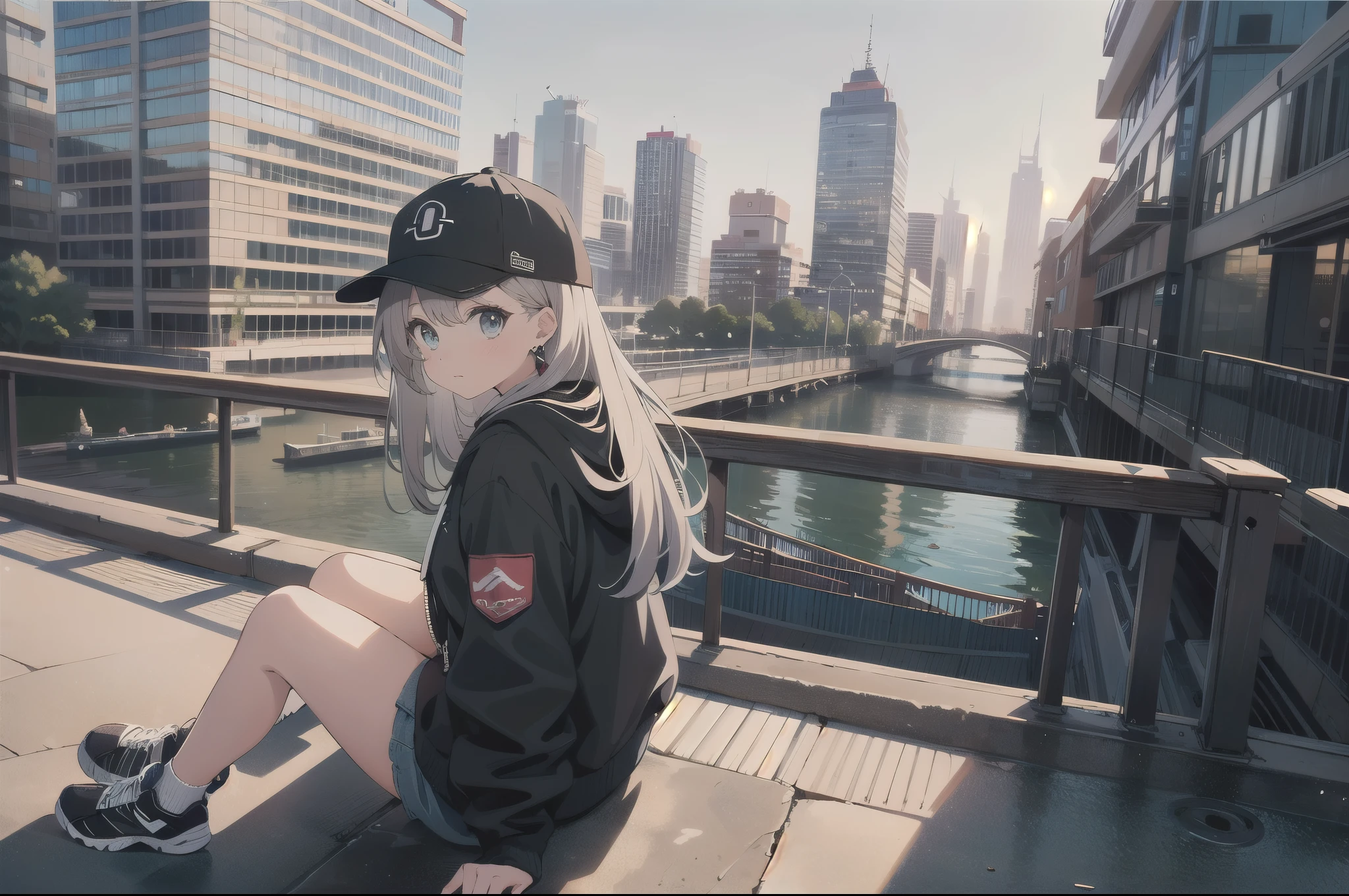 skyscraper, building, city, cityscape, hat, earrings, baseball_cap, 1girl, long_hair, jacket, chain-link_fence, hood, bridge, solo, architecture, shoes, sitting, city_lights, east_asian_architecture, looking_at_viewer, , neonpunkai