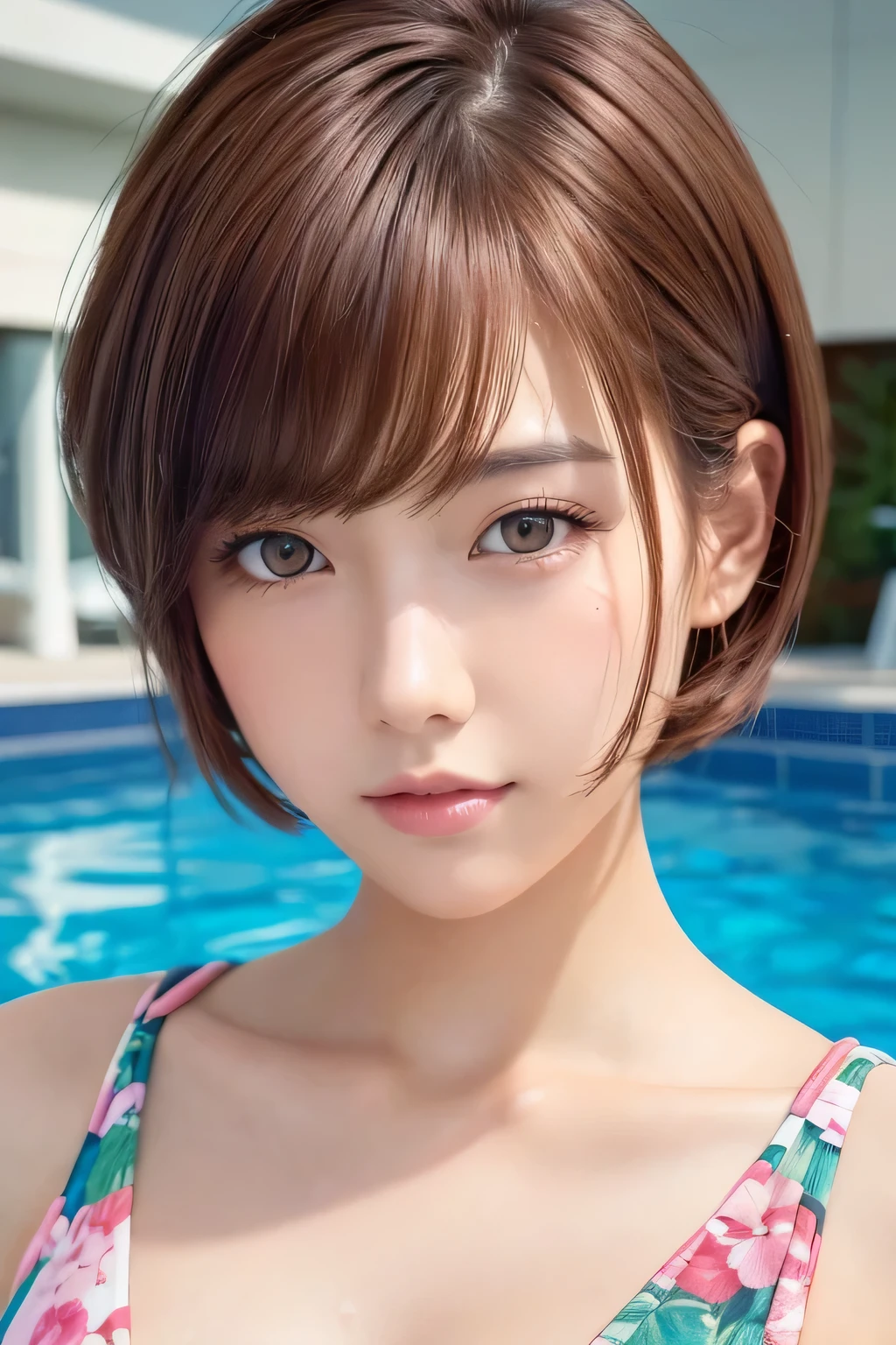 Close-up of a woman with short hair, pink brown hair color, kawaii, poolside, floral swimsuit, realistic, soft airbrush art, hyper realistic, hospital room, beatiful  [oil]!!