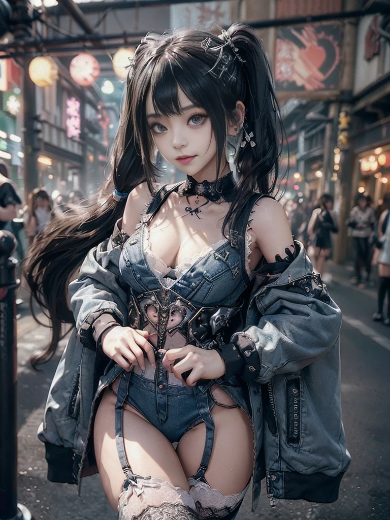 (Full Body View:1.2)、(Side view:1.1)、(Smiling with teeth showing:1.3),(Shibuya Gal:1.5)、(Hostess:1.4)、(gothic fashion:1.5)、(Punk RockVisual Kei:1.3)、(Futuristic baby doll in black, white and denim:1.5)、(A delicate jacket in denim, beige and navy:1.5)、(Denim garter belt:1.5)、(Denim and black and white bodysuit:1.4)、(Heart-shaped silver accessories:1.5)、(Brown Skin Belt:1.4)、(Blue High Heels:1.4)、(Lace patterned underwear:1.4)、20-year-old、NSFW,((Highest quality、In 8K、masterpiece:1.3))、Sharp focus:1.2、(Layered Cut、Beautiful boobs:1.1),Beautiful woman with perfect figure:1.4、(Doing an aerobics pose:1.3)、Slender Abs:1.2、Butt、Highly detailed face and skin texture、Detailed eyes、double eyelid,(Twin tails:1.3)、(Black brown hair:1.3)、Obscene、Gravure idol、(Luxurious amusement park at night:1.3)、(Make your legs thinner:1.4)、(Thin thighs:1.4)、(Slim Body:1.3)、(clavicle:1.1)