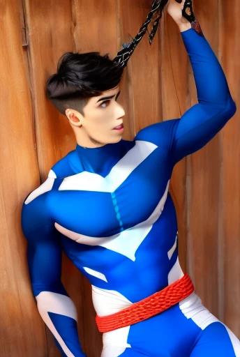 Nightwing suit, cool handsome young man, 18 years old, big breasts, restrained, roped, hung