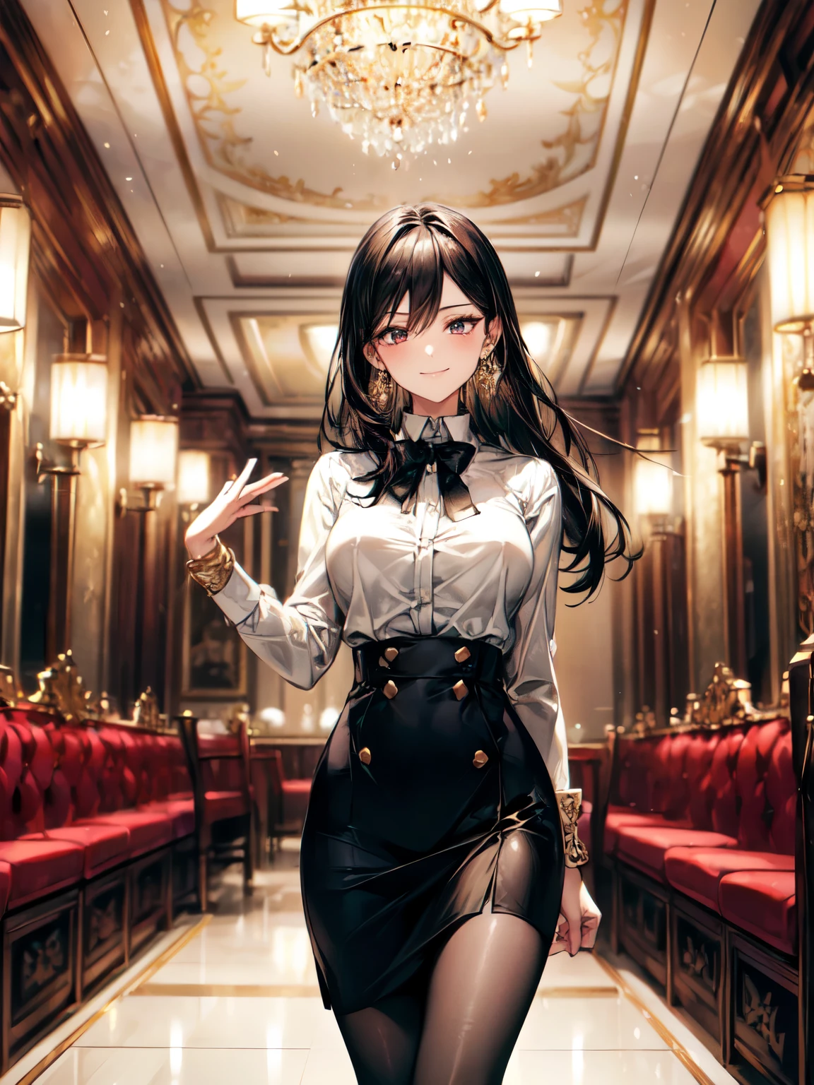 8K, (masterpiece, best quality:1.3), ((bokeh)), (short focus lens:1.4), anime style, Japanese, 1 lady, medium shot, (face light), cinematic lighting, sharp focus, (Left to Right Balance), beautiful eyes, (Perfect Hands,Perfect Fingers,Perfect Limbs,Perfect Body,Correct Human Body,Perfect Image Realism,Perfect Anatomy), (shiny skin, detailed skin),

 glossy black hair, well-groomed hair, medium-length straight hair: 1.3, 

(black brazer:1.2), white collared dress shirt, black bow tie, black tight skirt, black pantyhose, (simple gold earrings, simple gold bracelet), 

milf, glamorous body, (standing), (smile),random  pose, upscale restaurant manager, confident and focused,

face light, cinematic lighting, sharp focus,

(beautiful scenery), (wide luxurious restaurant interior, Art Deco style, spacious dining room, elegant decor, crystal chandeliers, white tablecloths, fine china, polished silverware, plush seating, ornate ceiling, soft lighting, high-end ambiance,, very wide, panorama view), sense of depth, long shot, magnificent view,  