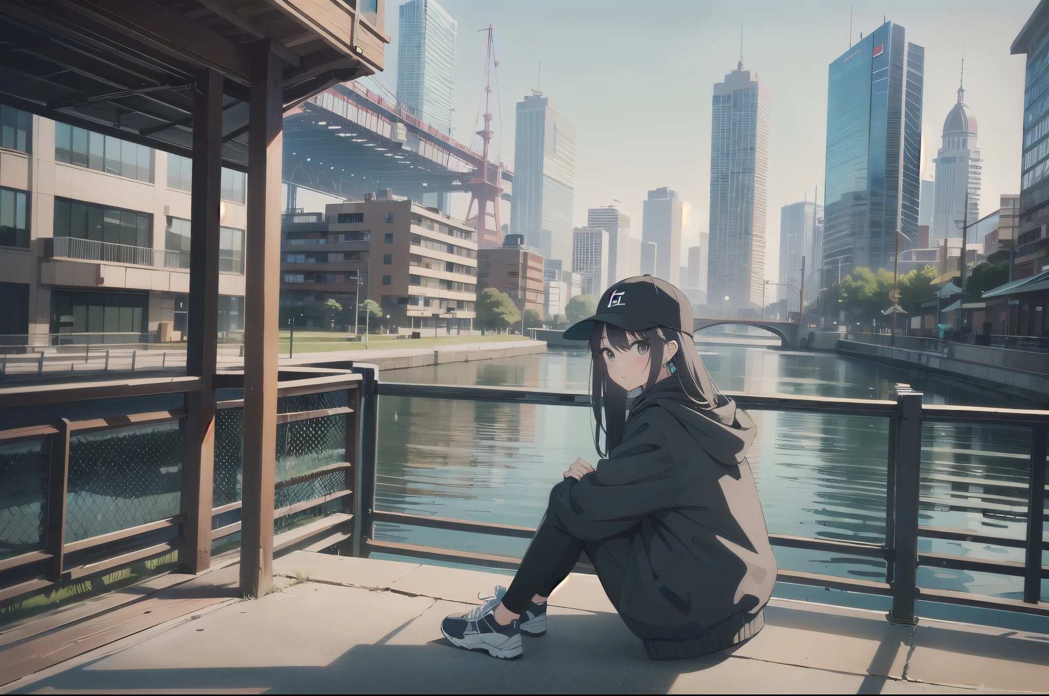 skyscraper, building, city, cityscape, hat, earrings, baseball_cap, 1girl, long_hair, jacket, chain-link_fence, hood, bridge, solo, architecture, shoes, sitting, city_lights, east_asian_architecture, looking_at_viewer, , neonpunkai