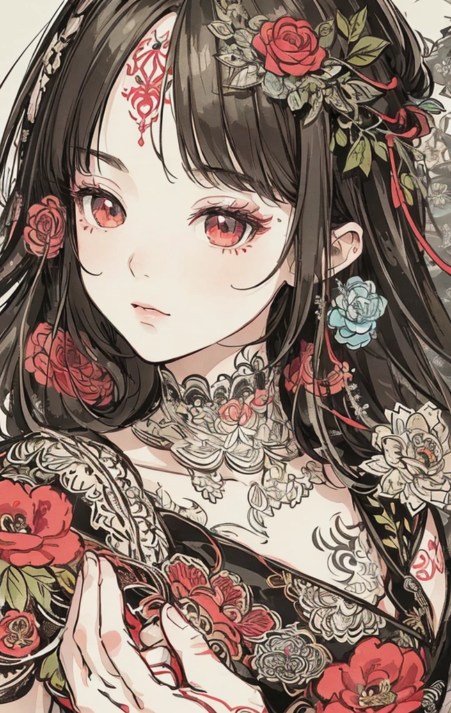 (masterpiece、top-quality、top-quality、Official art、Beautifully Aesthetic:1.2)、(1girl in:1.3)、ighly detailed、(Fractal Art:1.1)、(color:1.1) (florals:1.3)、(line-drawing)、line-drawing、Pen drawing、Zentangle、(Tattoo patterns:1.2)、(complex lines)、(masterpiece)、(top-quality:1.1)、(ultra-detailliert)、The best illustrations、finely detail、hand-drawn high quality、highly contrast、(Clean lines:1.3)、ligne claire、(portlate)、(very closeup:1.1)、girly fashion、antique、Red-black、1 girl in、catss、solo、A girl is surrounded by flowers、(intricate-detail:1.3)、(detailedbackground:1.2)、(coloured background:1.1)、Sketched、intricate-detail、hight resolution