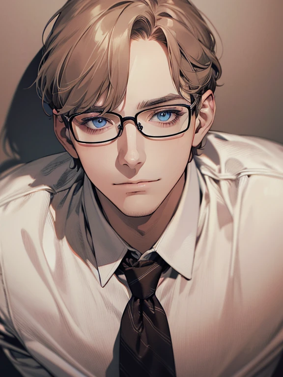 masterpiece, best quality, 1male mature,  32 years, gray brown hair, blue eyes, glasses, CEO, white shirt, mugshot, wall background, detailed eyes, detailed facial features, realistic and high resolution (best quality, 4k, 8k, highres, masterpiece:1.2)