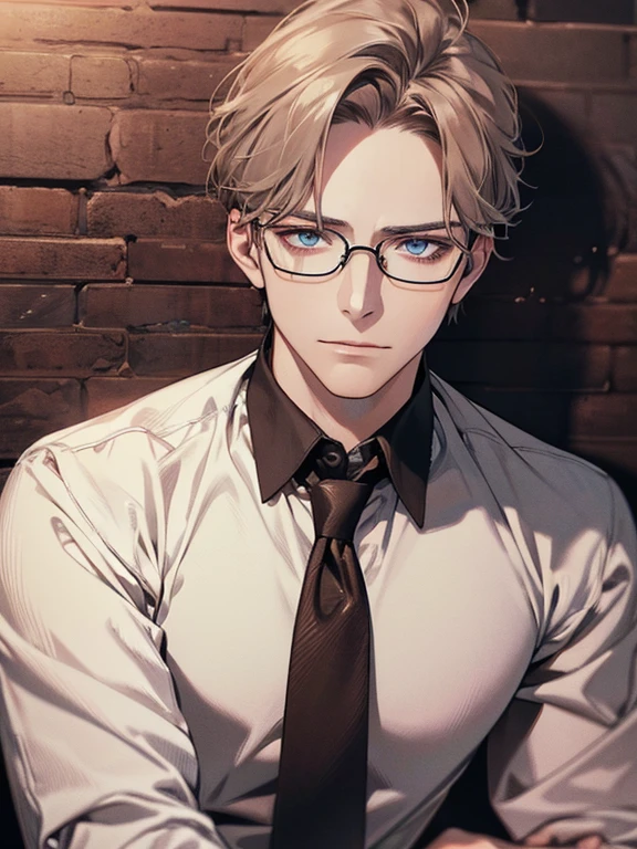 masterpiece, best quality, 1male mature, 32 years, gray brown hair, blue eyes, glasses, CEO, white shirt, mugshot, wall background, detailed eyes, detailed facial features, realistic and high resolution (best quality, 4k, 8k, highres, masterpiece:1.2)