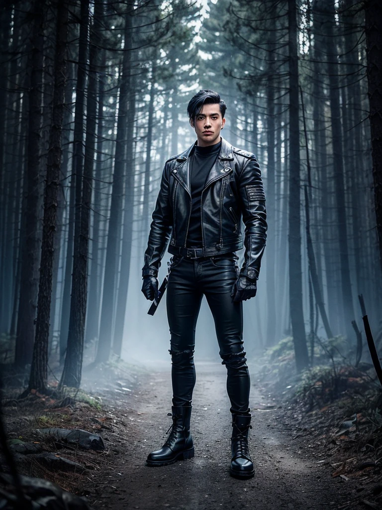 A muscular young man with black hair, wearing a black leather jacket, blue jeans, black motorcycle gloves, a black belt, and black combat boots, is standing in a forest. In his right hand, he holds a black sword engulfed in flames, and in his left hand, he holds a shield made of blue ice. Anime.
